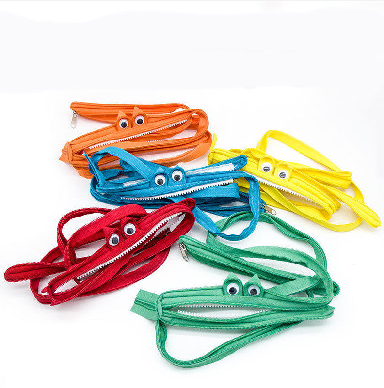 Colorful zippers in the shape of cartoon characters on a white background