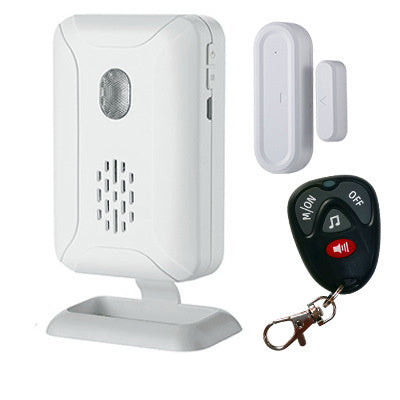 Home security alarm system with receiver, sensors, and remote control on a white background