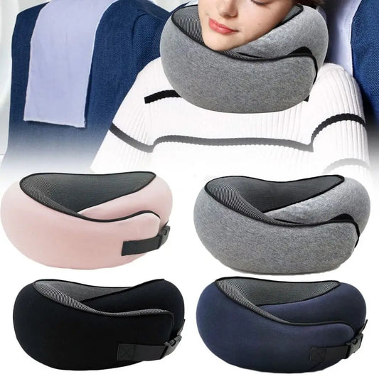 Collage of travel neck pillows in different colors with a person wearing one.