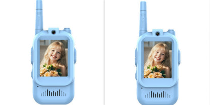 Two blue walkie-talkies with a photo of a child on each display screen.