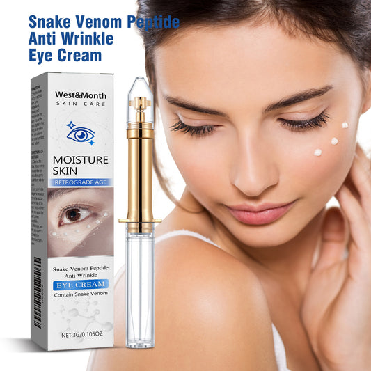 Snake Venom Peptide Anti Wrinkle Eye Cream with packaging and a model applying cream.
