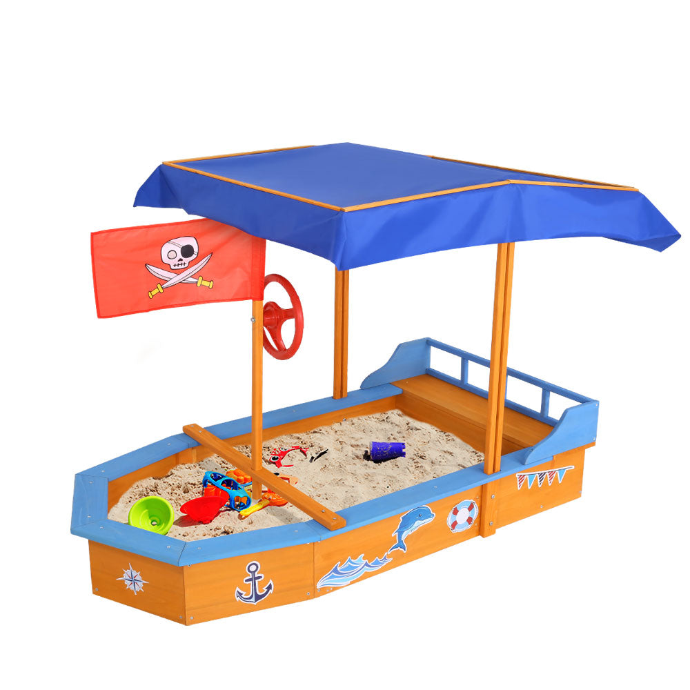 Keezi Kids Sandpit Wooden Boat Sand Pit with Canopy Bench Seat Beach Toys 150cm