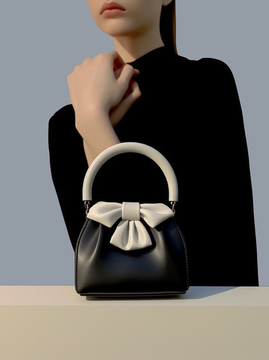 Two-Tone Bowknot Bucket Handbag - White & Black