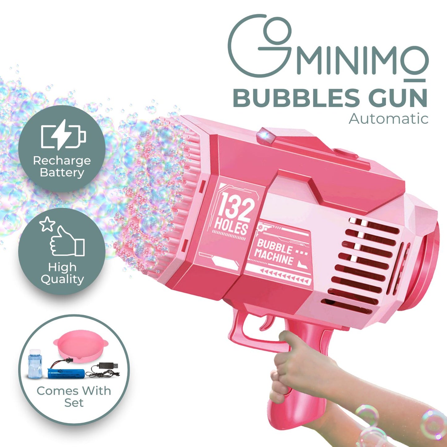 GOMINIMO 132 Holes Rechargeable Bubbles Machine Gun for Kids (Pink)