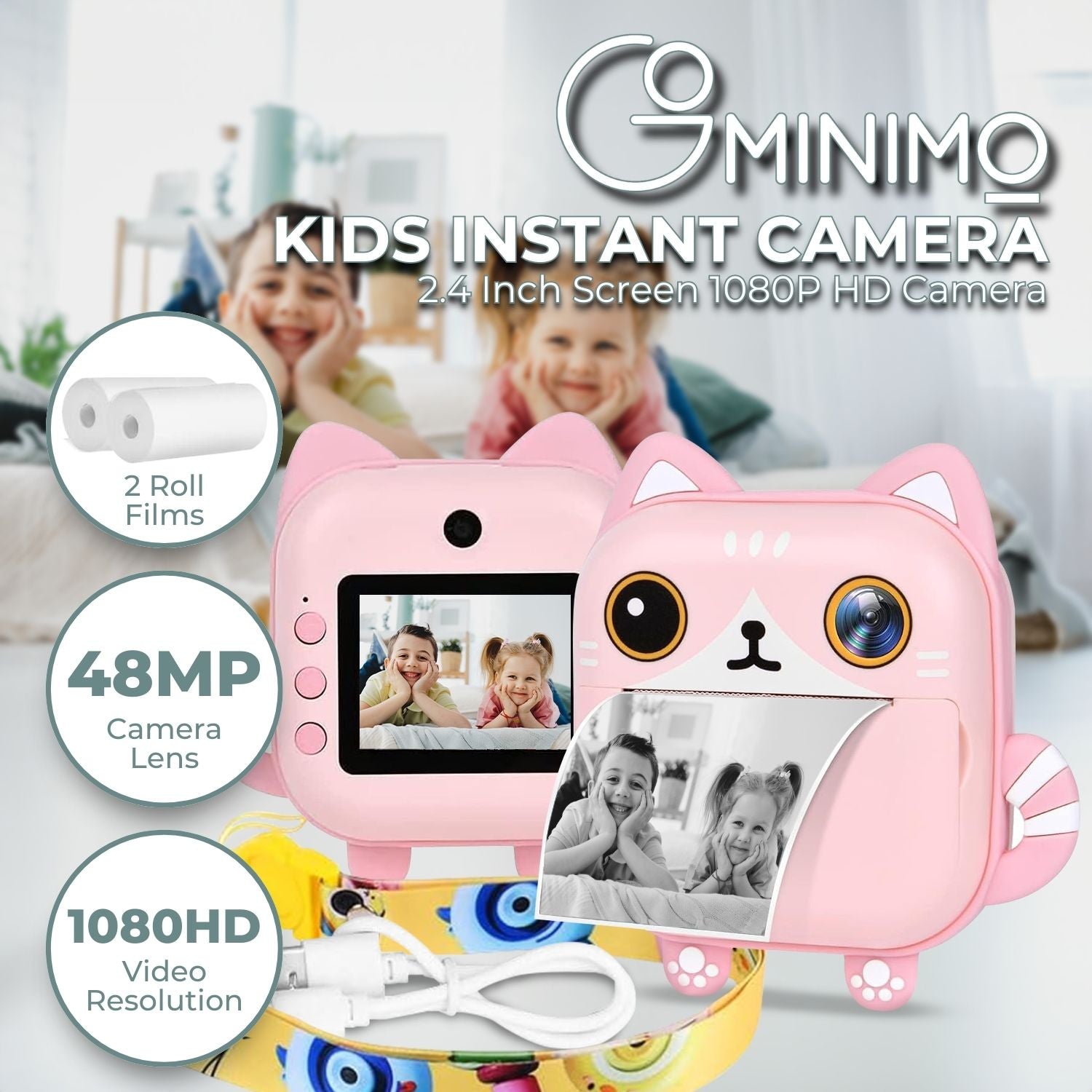 Instant Print Camera for Kids with Print Paper and 32GB TF Card (Cat)