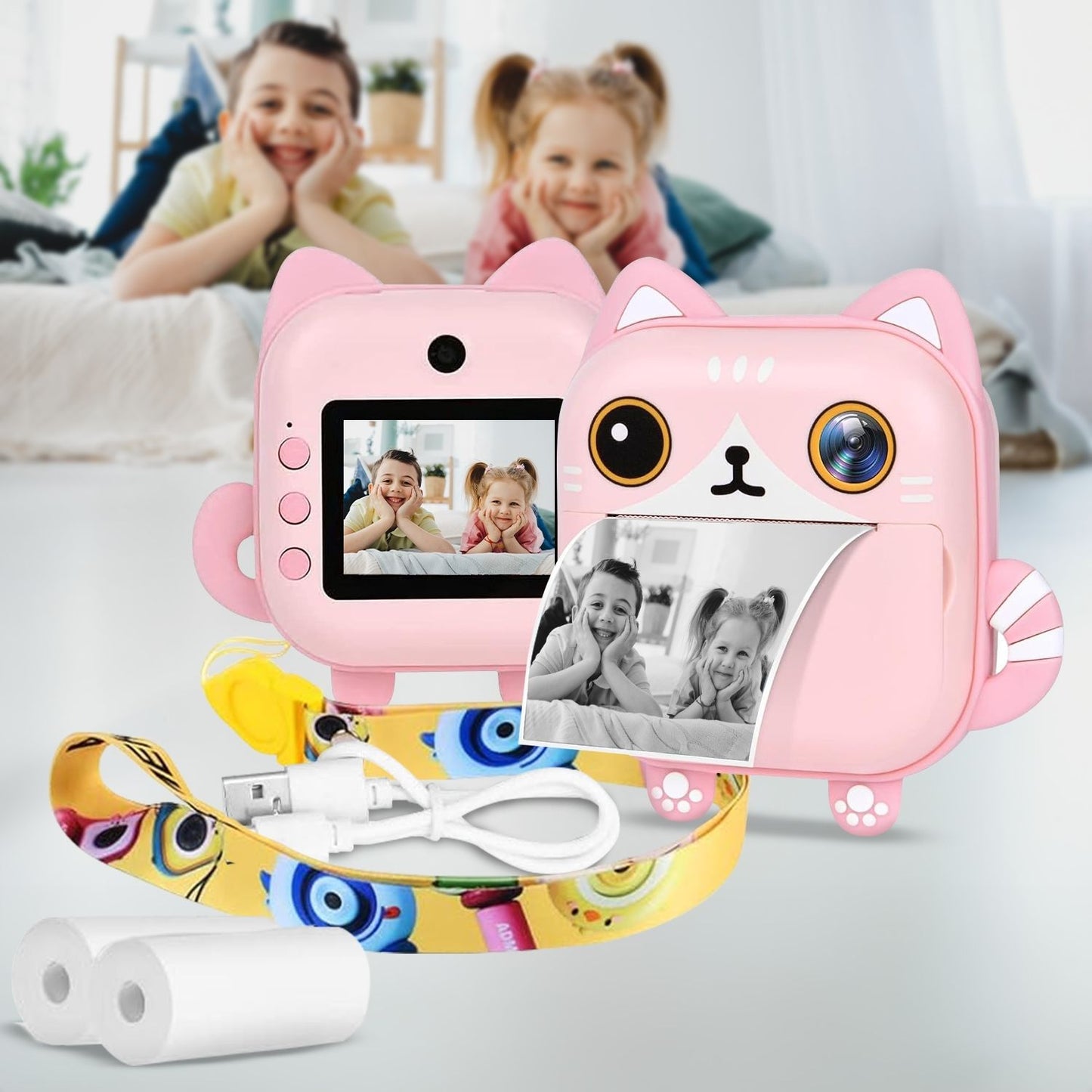 Instant Print Camera for Kids with Print Paper and 32GB TF Card (Cat)