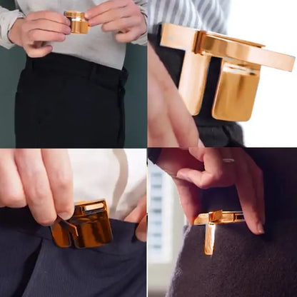 Collage of a gold belt buckle being worn and adjusted on pants.