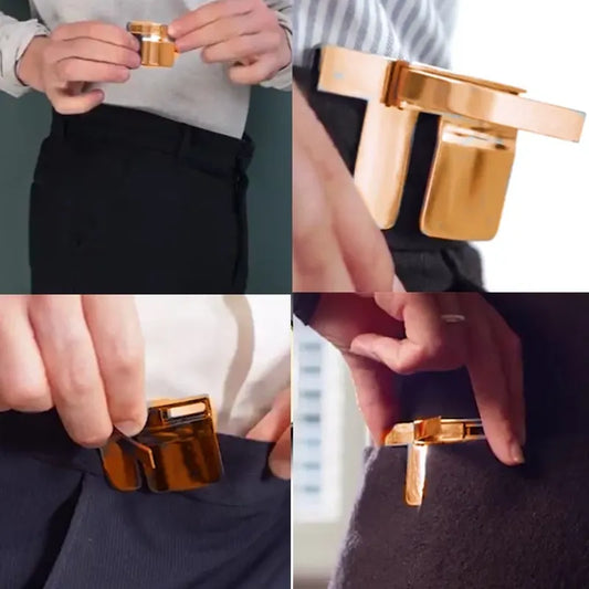 Collage of a gold belt buckle being worn and adjusted on pants.