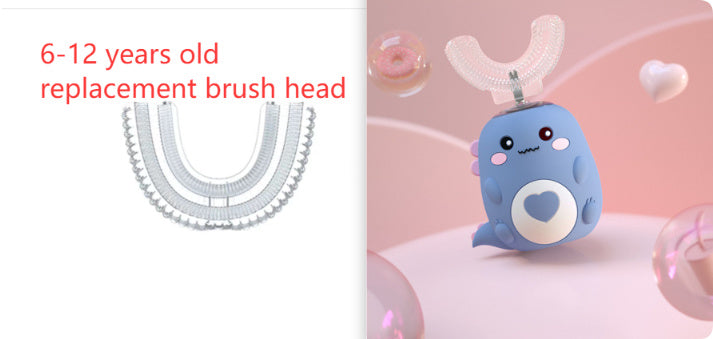Replacement toothbrush head for children aged 6-12 and a cute blue plush toy with rabbit ears on a pink background.