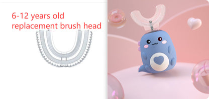 Replacement toothbrush head for children aged 6-12 and a cute blue plush toy with rabbit ears on a pink background.