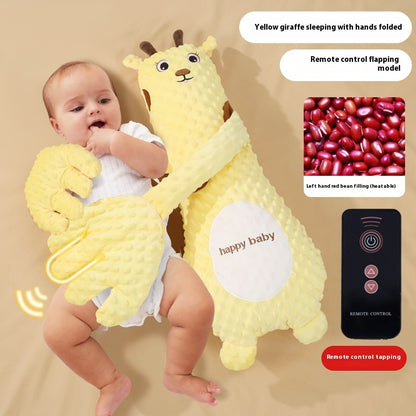 Baby holding a yellow giraffe plush toy with remote control features on a beige background