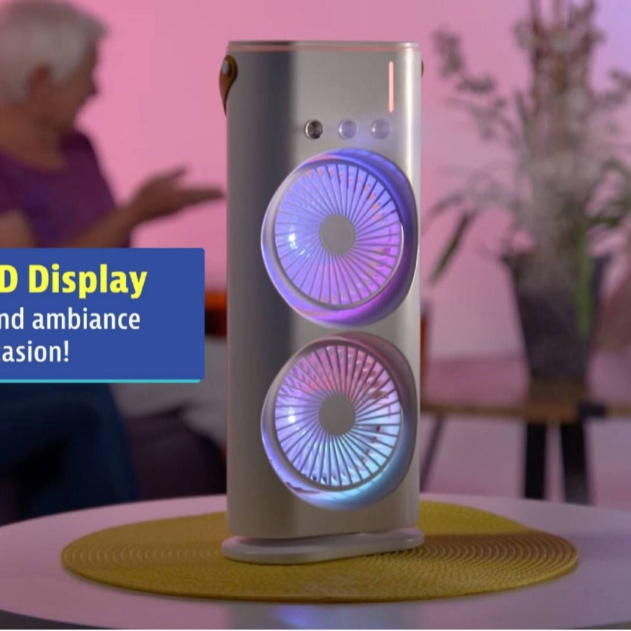 Modern electronic device with colorful display on a table, blurred background
