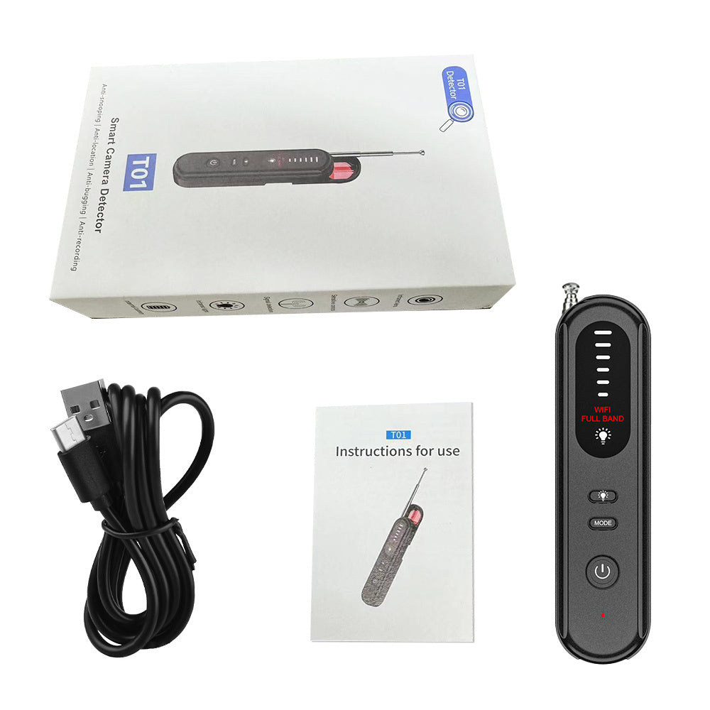 Electronic device with packaging, USB cable, and user manual on a white background