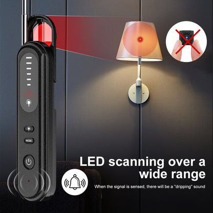 Security device with LED scanning feature shown in use on a wall-mounted light.