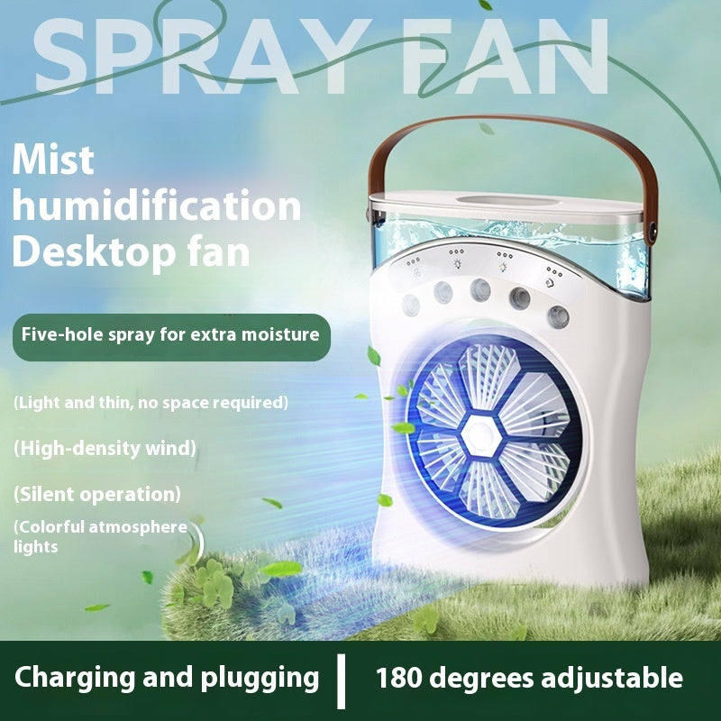 Desktop spray fan with mist humidification feature on a green background