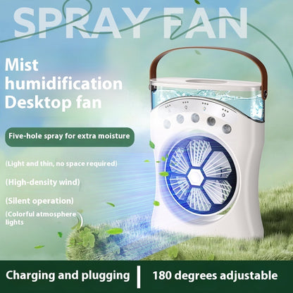 Desktop spray fan with mist humidification feature on a green background