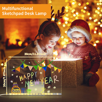 Multifunctional sketchpad desk lamp with children looking at it, surrounded by festive lights.