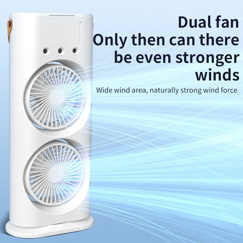 White dual-fan device with text on a light blue background