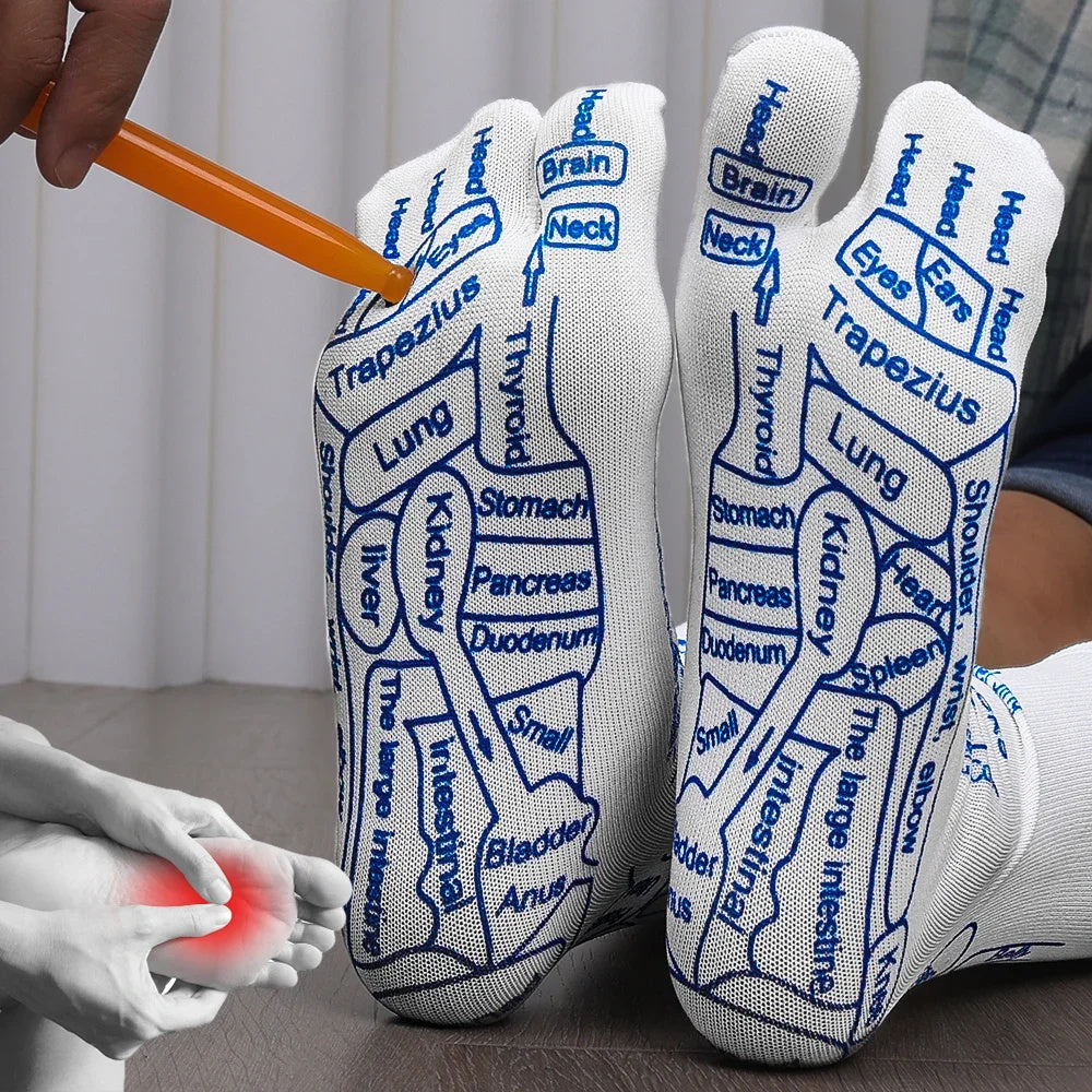 White socks with blue anatomical labels on a neutral background