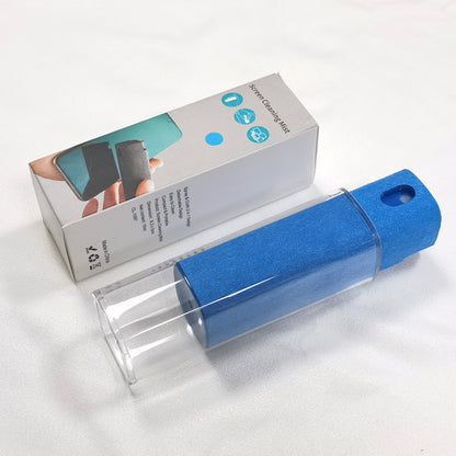Blue screen cleaning mist device with packaging on a white background