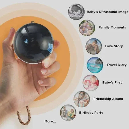 Hand holding a crystal ball with various life event categories displayed around it.