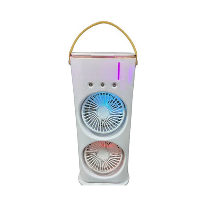 Portable fan with colorful LED lights on a white background