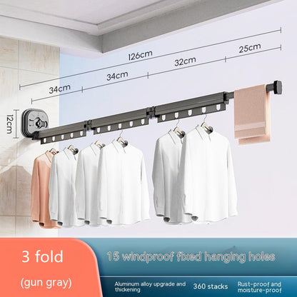 Clothing rack with clothes hanging on it, showing dimensions and features.