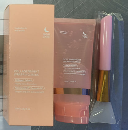 Collagen night wrapping mask with packaging and applicator on a reflective surface