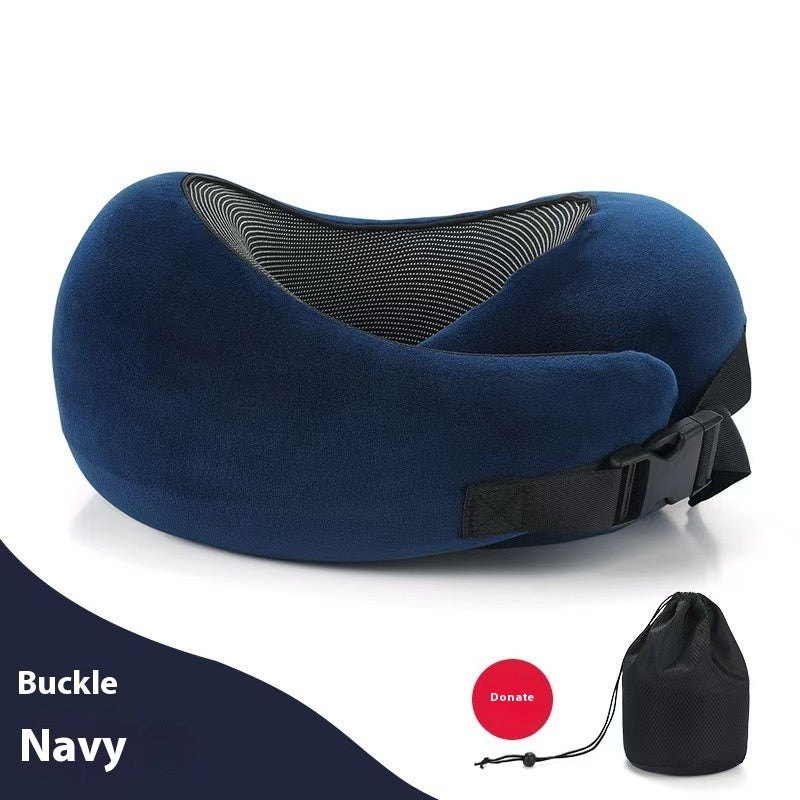 Navy blue travel neck pillow with black buckle on a white background