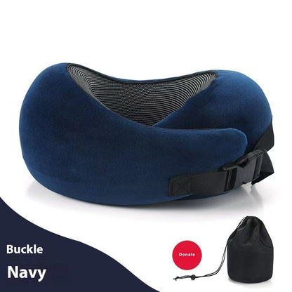 Navy blue travel neck pillow with black buckle on a white background