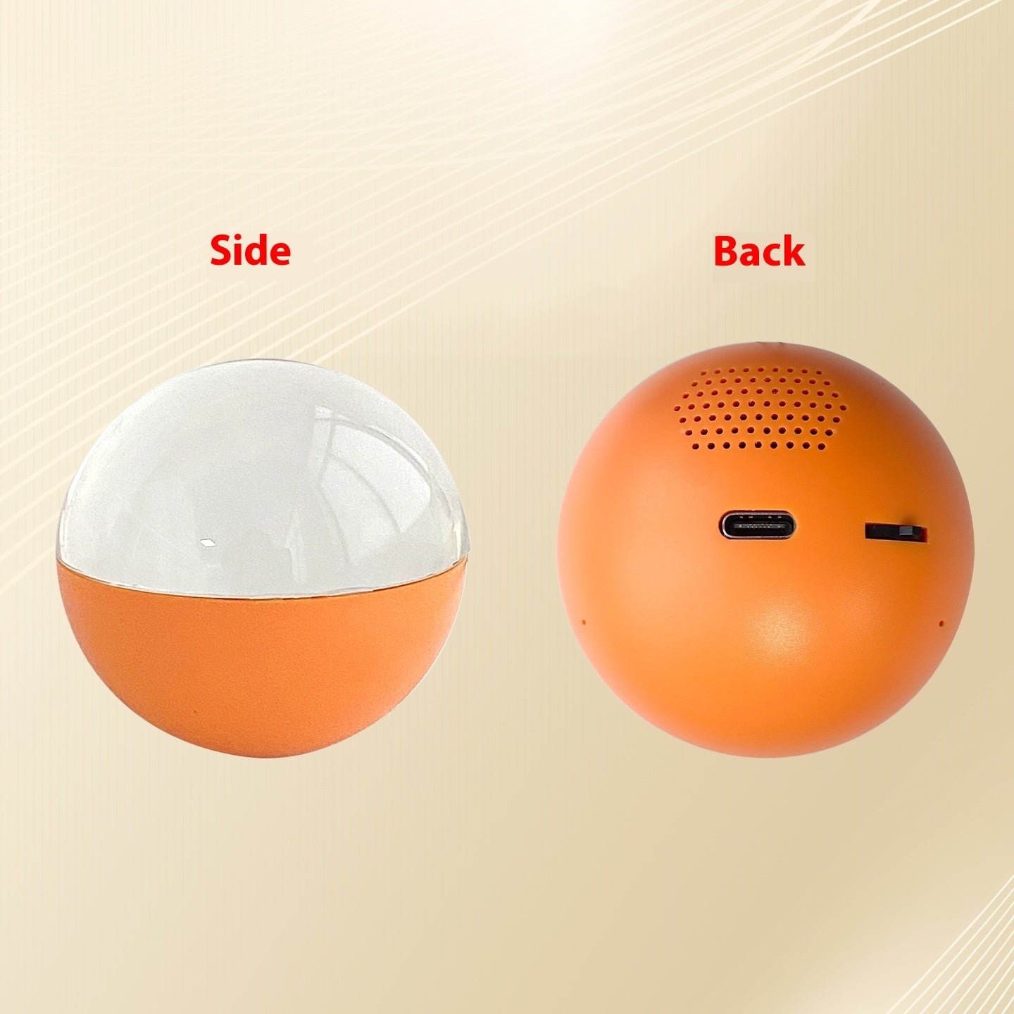 Orange spherical device shown from the side and back on a beige background