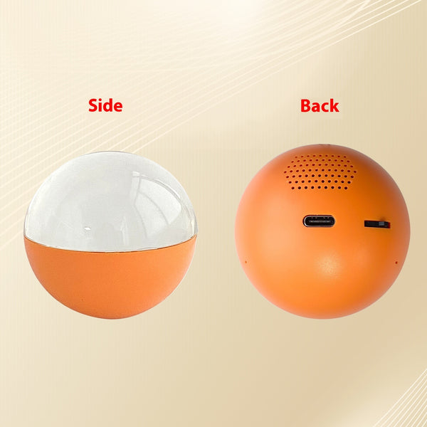 Orange spherical device shown from the side and back on a beige background
