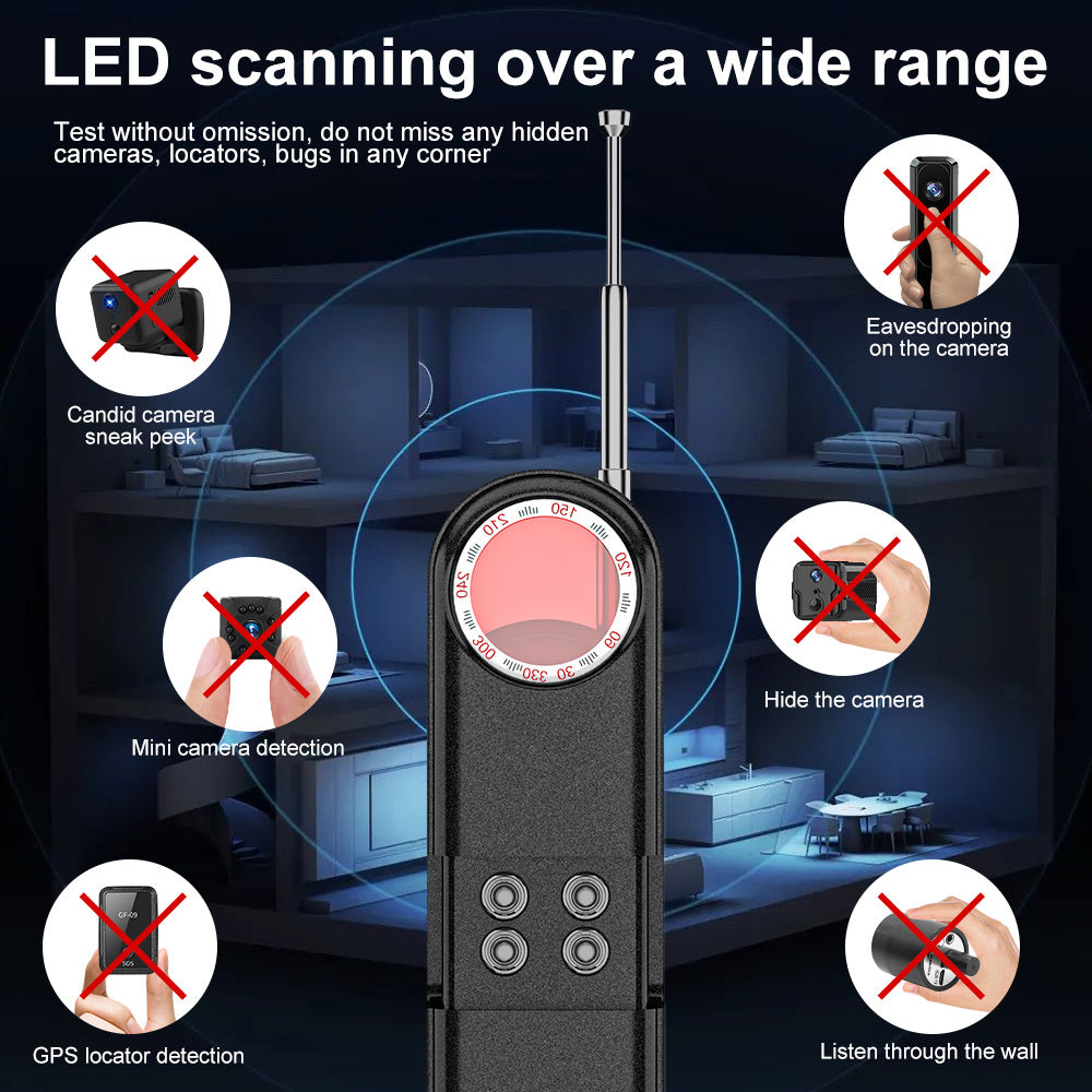 Black electronic device with LED scanning feature for detecting hidden cameras and devices in a room setting.