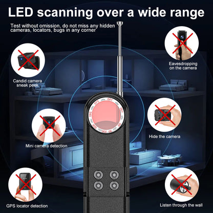 Black electronic device with LED scanning feature for detecting hidden cameras and devices in a room setting.