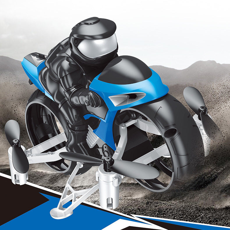 Blue and black motorcycle with propellers on a mountainous background