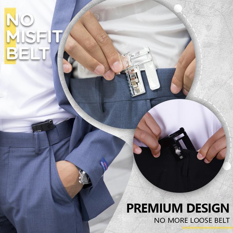 Belt with adjustable mechanism being shown on a person wearing a suit, with text 'No Misfit Belt' and 'Premium Design'.