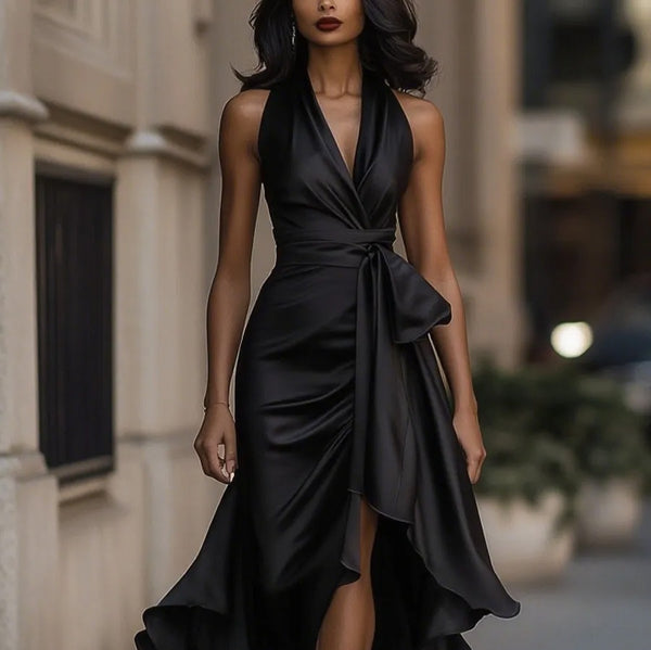 Woman wearing a black dress on a blurred street background