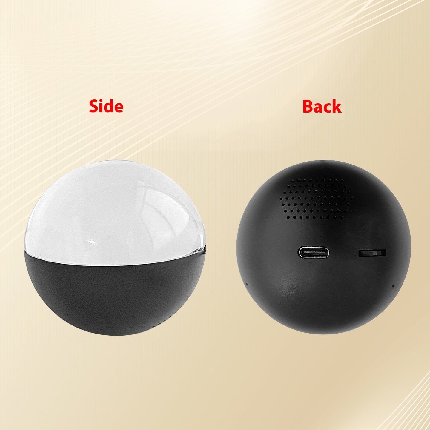 Spherical device shown from the side and back on a beige background